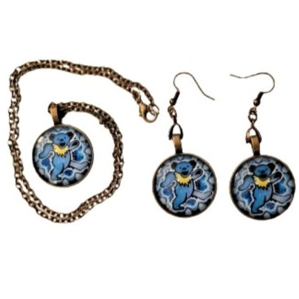 Grateful Dead Dancing Bear Necklace & Earring Gift Set Glass Cabochon Pendants